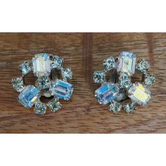 Vintage Mid Century Yellow Rhinestone Starburst Earrings Clip On - Picture 2 of 6